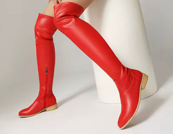 Women Color Over The Knee Flat Fashion Faux Leather Boots