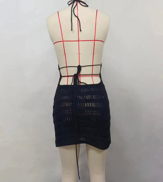 Women Sexy Halter Sleeveless Black See Through Dress