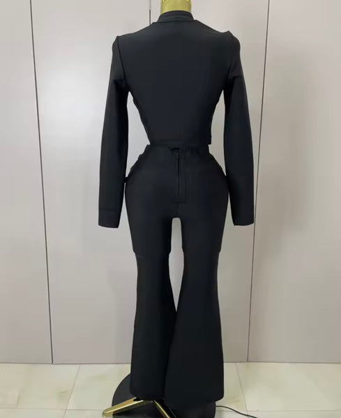 Women Black Button Up Full Sleeve Two Piece Pant Set