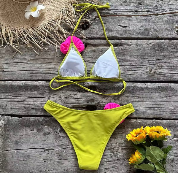 Women Sexy Color 3D Floral Halter Bikini Swimsuit