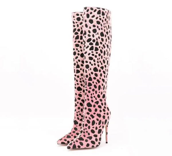 Women Fashion Mohair High Heel Color Patchwork Knee High Boots