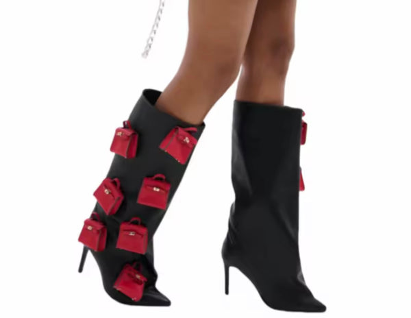 Women Fashion Black/Red Purse Patchwork Knee High Boots