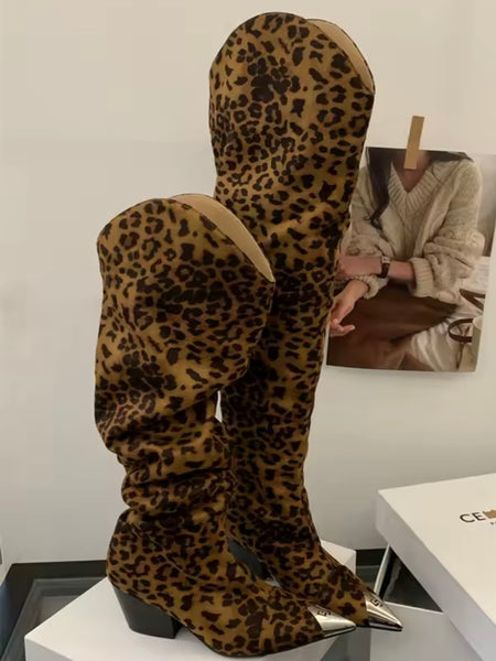 Women Metal Pointed Toe Suede Fashion Knee High Western Boots