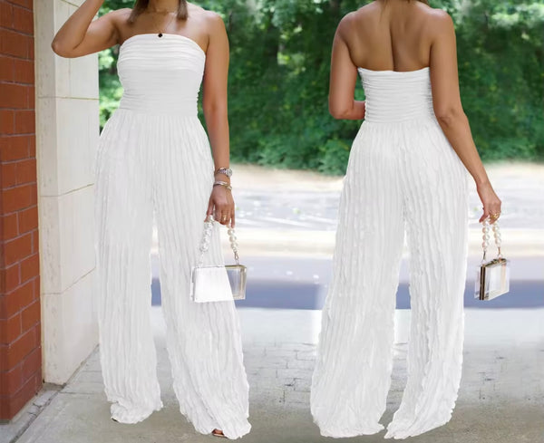 Women Sexy Strapless Color Pleated Jumpsuit