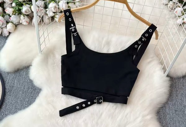 Women Sexy Sleeveless Buckled Crop Two Piece Plaid Skirt Set