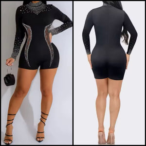 Women Black Bling Mesh Patchwork Full Sleeve Romper