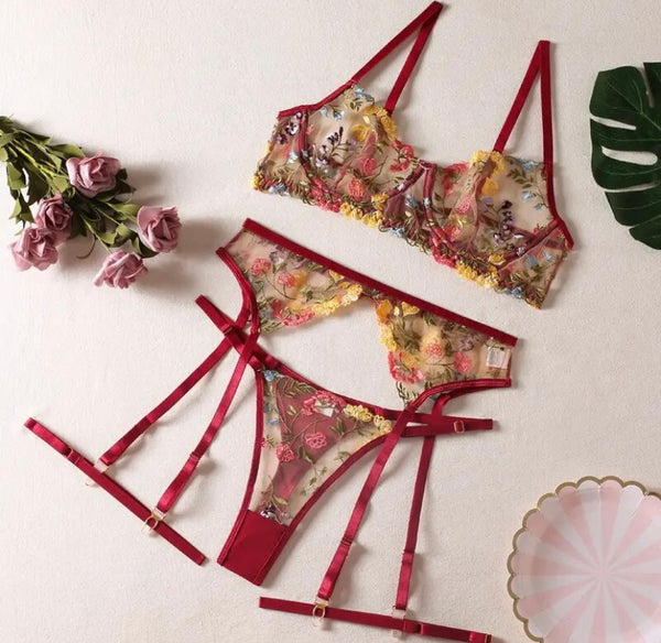 Women Sexy Colorful Floral Mesh Lingerie Set