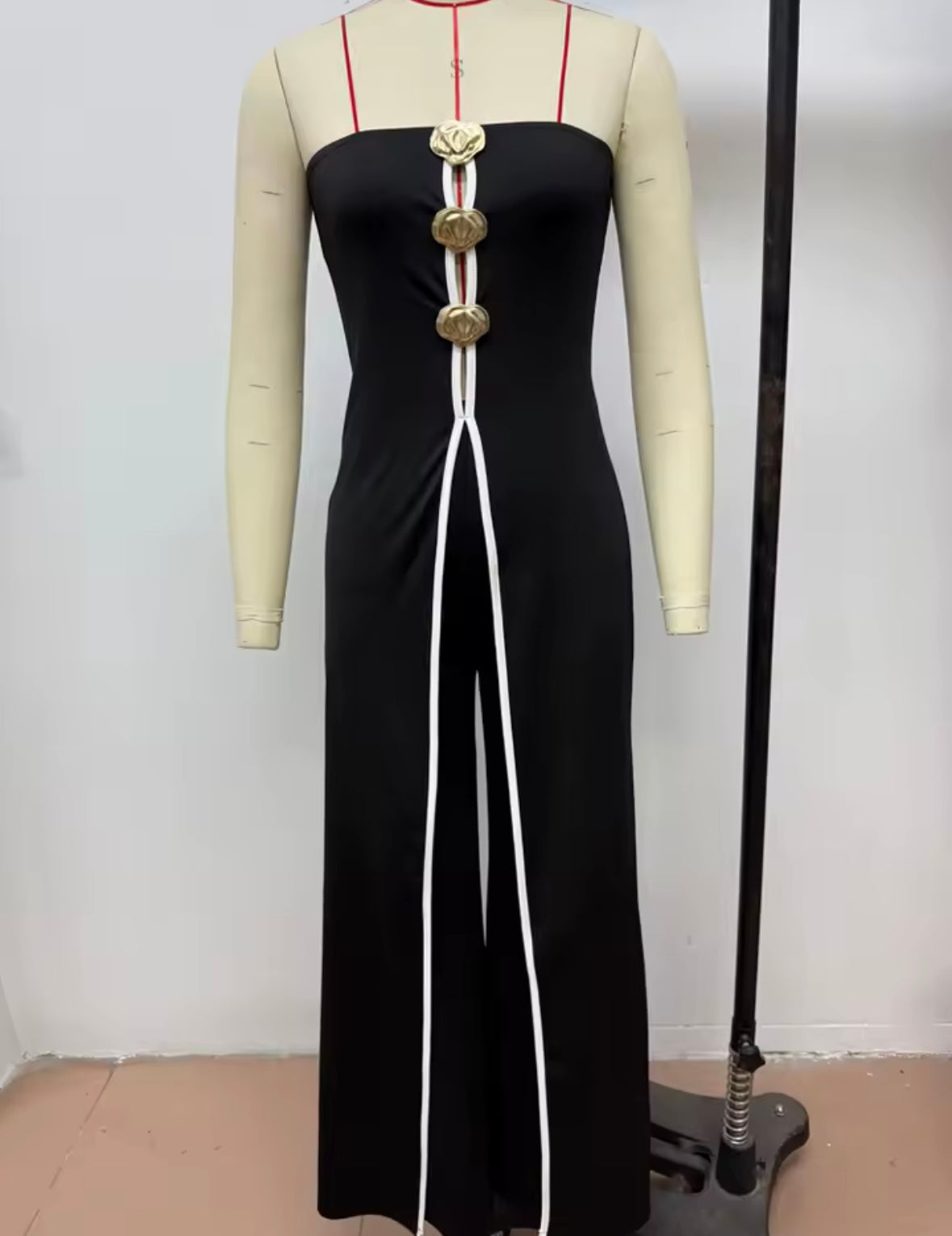 Women Sexy Strapless Button Striped Asymmetrical Jumpsuit