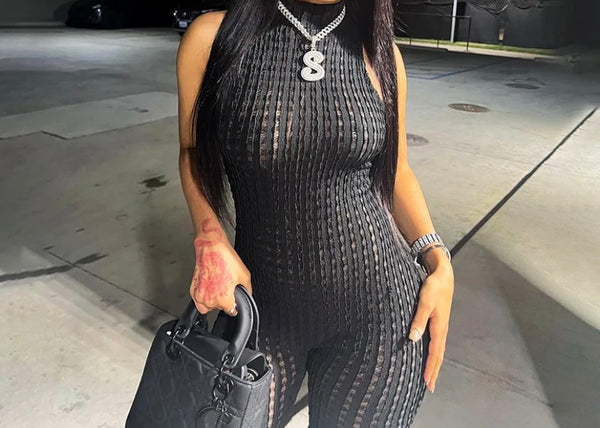 Women Black Sexy Sleeveless See Through Fashion Jumpsuit