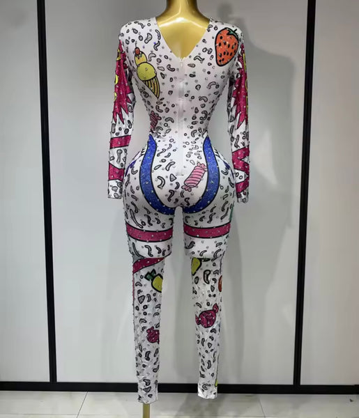 Women White Printed Rhinestone Full Sleeve Fashion Jumpsuit