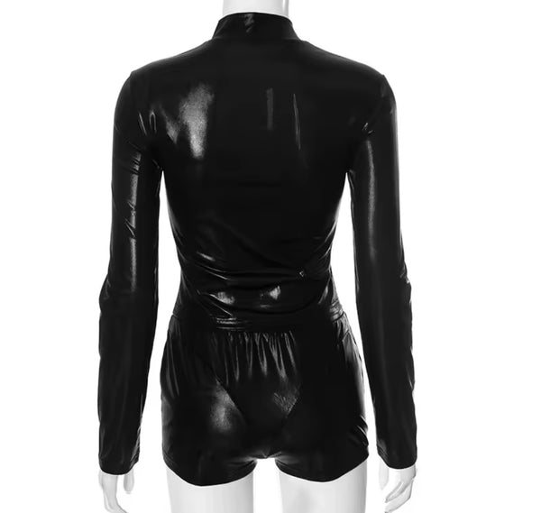 Women Black Sexy PU Zip Up Full Sleeve Two Piece Short Set