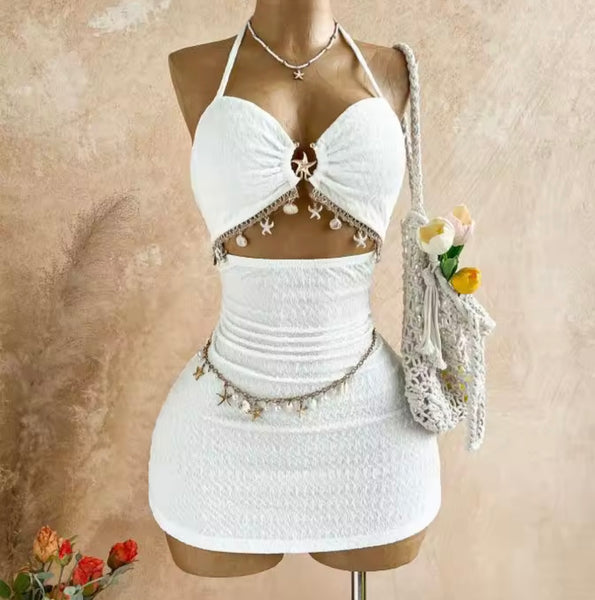 Women Sexy Halter Sleeveless Chain Cut Out Dress