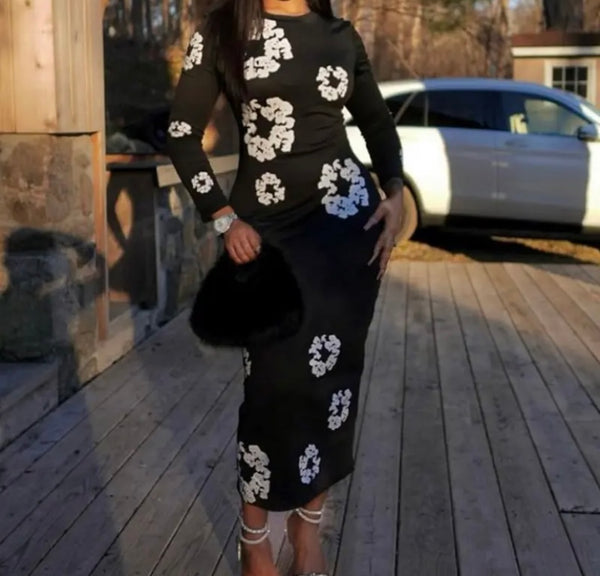 Women Sexy Black Floral Print Full Sleeve Maxi Dress