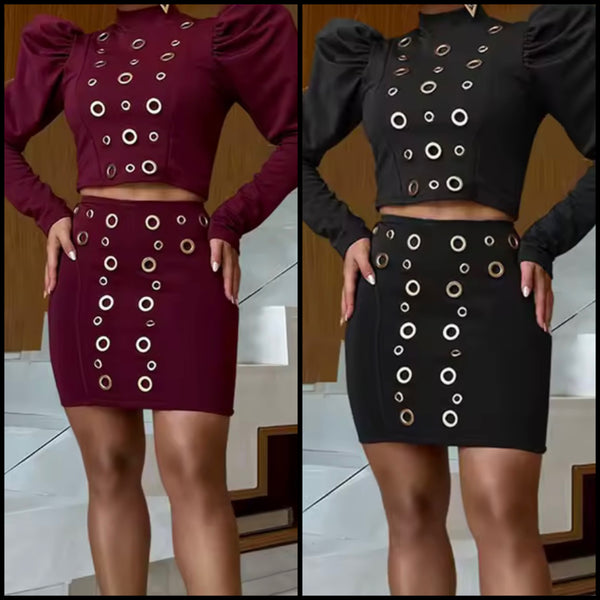 Women Sexy Fashion Color Full Sleeve Metal Ring Two Piece Skirt Set
