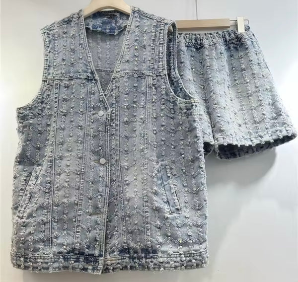Women Fashion Button Up Sleeveless Vest Denim Two Piece Short Set