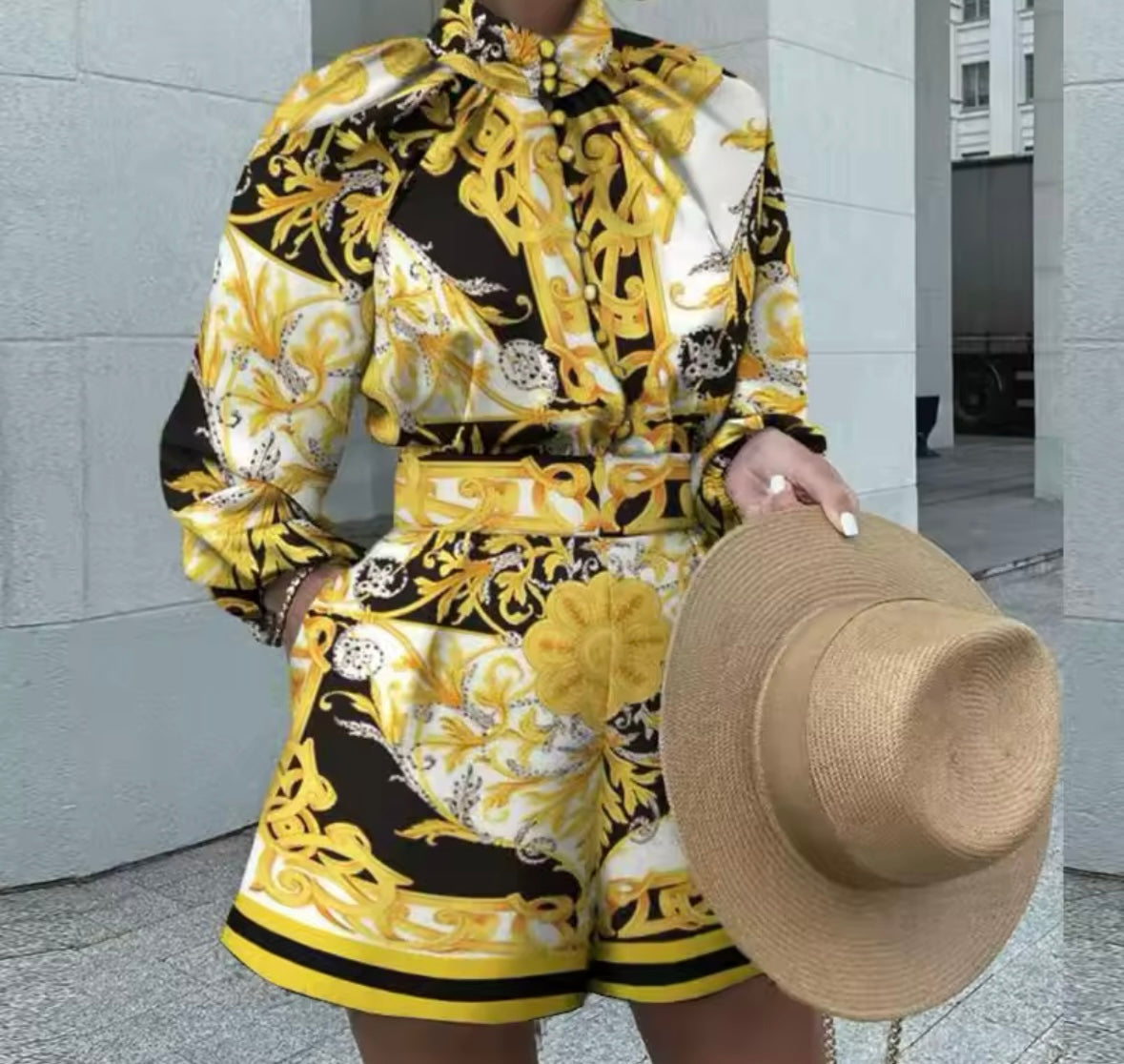 Women Fashion Printed Button Up Full Sleeve Two Piece Short Set