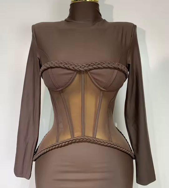 Women Brown Turtleneck Full Sleeve Rope Mesh Patchwork Maxi Dress