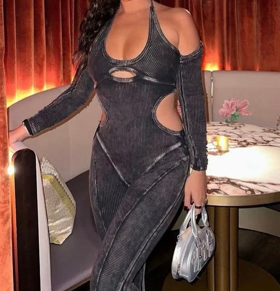 Women Ribbed Halter Full Sleeve Cut Out Fashion Jumpsuit