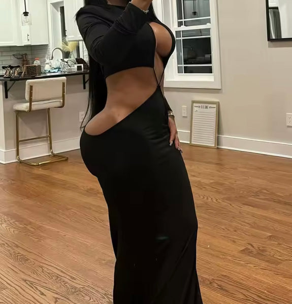 Women Black Sexy Full Sleeve Cut Out Maxi Dress