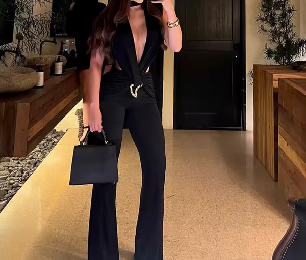 Women Choker Sleeveless Sexy Cut Out Metal Jumpsuit