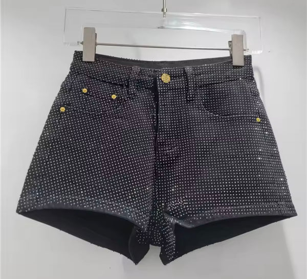 Women Fashion High Waist Bling Rhinestone Denim Shorts