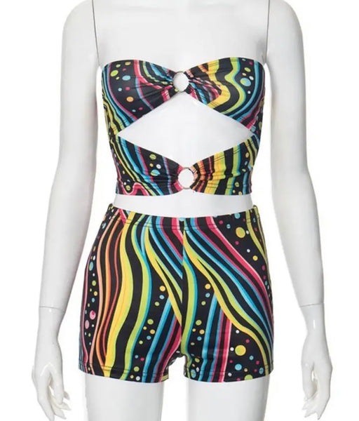 Women Sexy Strapless Multicolored Print Two Piece Short Set