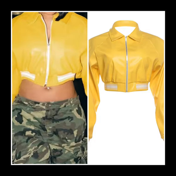 Women Fashion Yellow Letter Print Faux Leather Crop Jacket