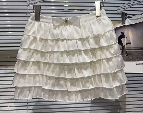 Women Fashion Color Ruffled Bow Skirt