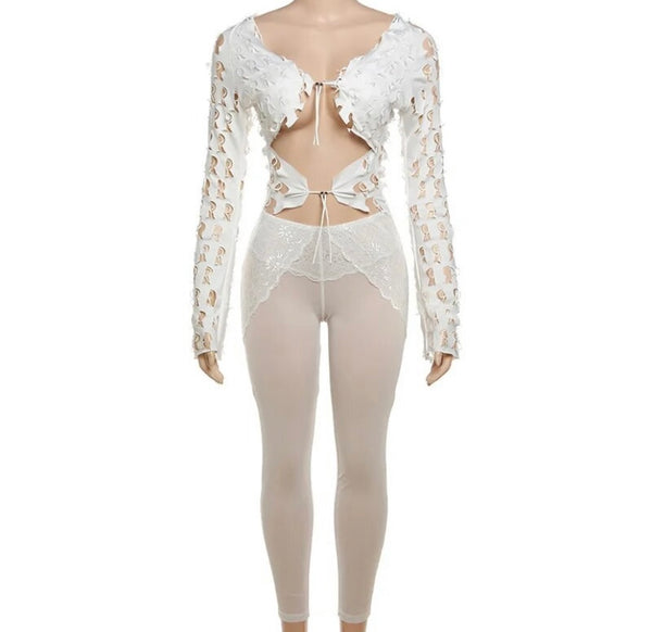 Women Sexy Fashion Solid Color Mesh Two Piece Pant Set