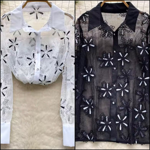 Women Fashion Floral See Through Button Up Full Sleeve Top