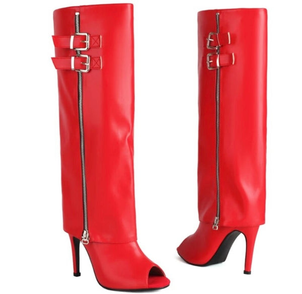 Women Open Toe Side Buckled Zipper Fashion Faux Leather Boots