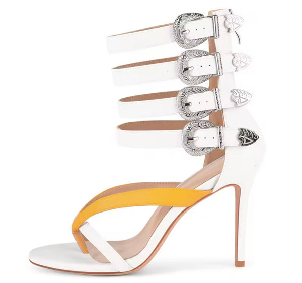 Women Color Patchwork Fashion Buckled High Heel Sandals