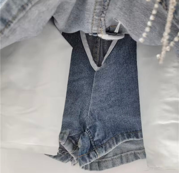 Women Fashion Rhinestone Tassel Denim Jacket Two Piece Skirt Set