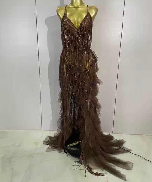 Women Halter Sleeveless Ruffle Rhinestone Tassel Maxi Dress
