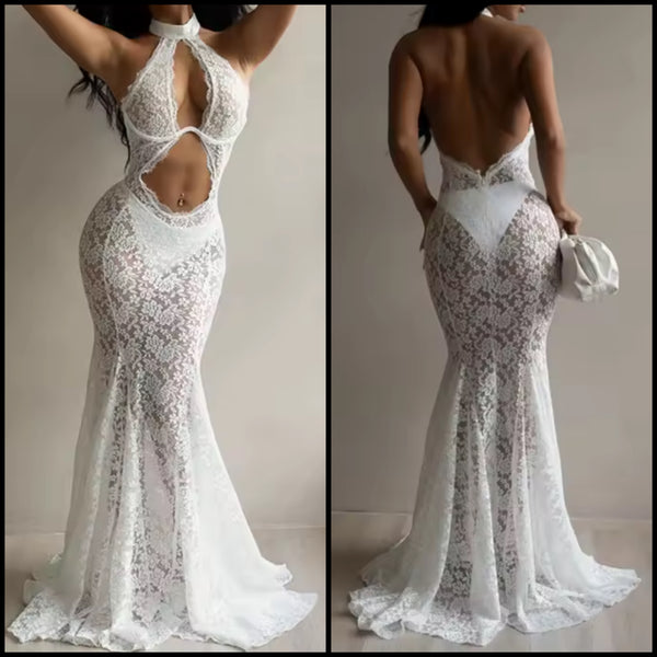 Women White Halter Sleeveless Lace Cut Out Sexy Maxi Dress