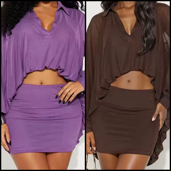 Women Sexy Mesh Full Sleeve Two Piece Skirt Set