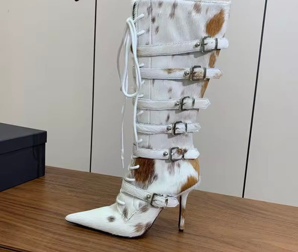 Women Fashion Mohair Lace Up Buckled Knee High Boots