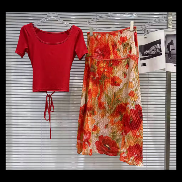 Women Red Short Sleeve Tie Up Two Piece Floral Maxi Skirt Set