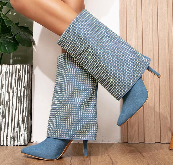 Women Pointed Toe Bling Denim Fashion Boots