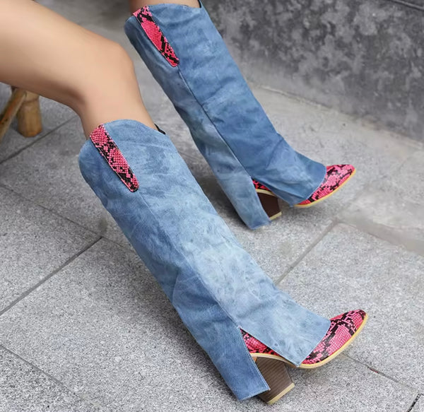 Women Fashion Color Animal Print Denim Knee High Western Boots