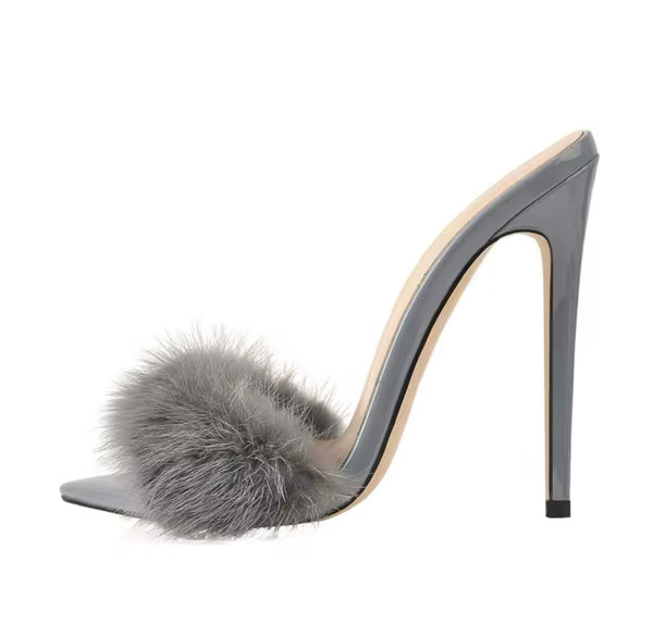 Women Color Open Pointed Toe Fashion Faux Fur High Heel Sandals