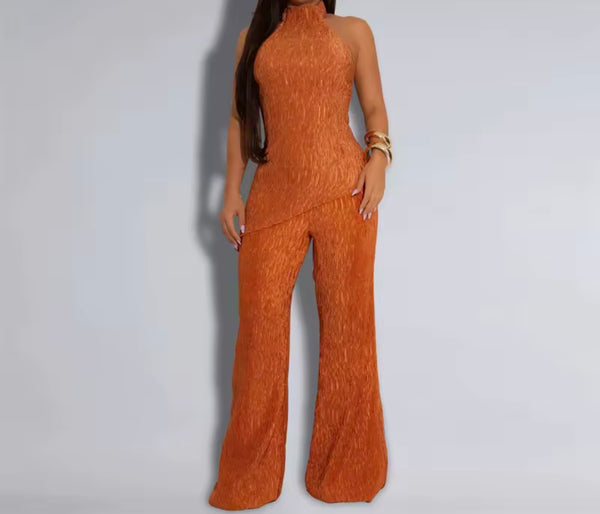 Women Halter Sleeveless Open Back Fashion Two Piece Pant Set