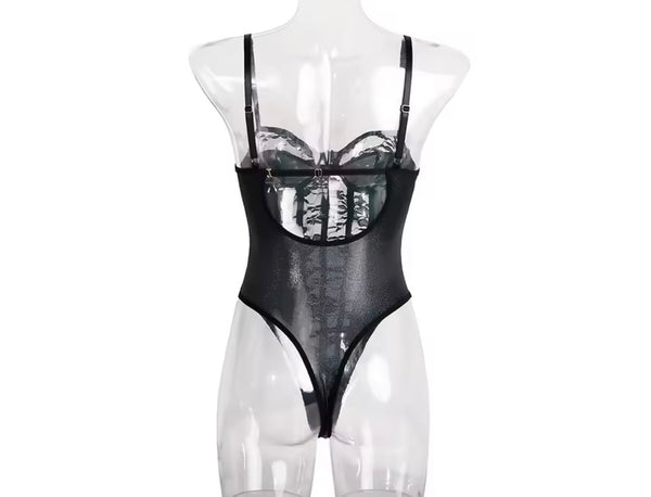 Women Sexy Sleeveless Black Floral Lace Patchwork Bodysuit Lingerie