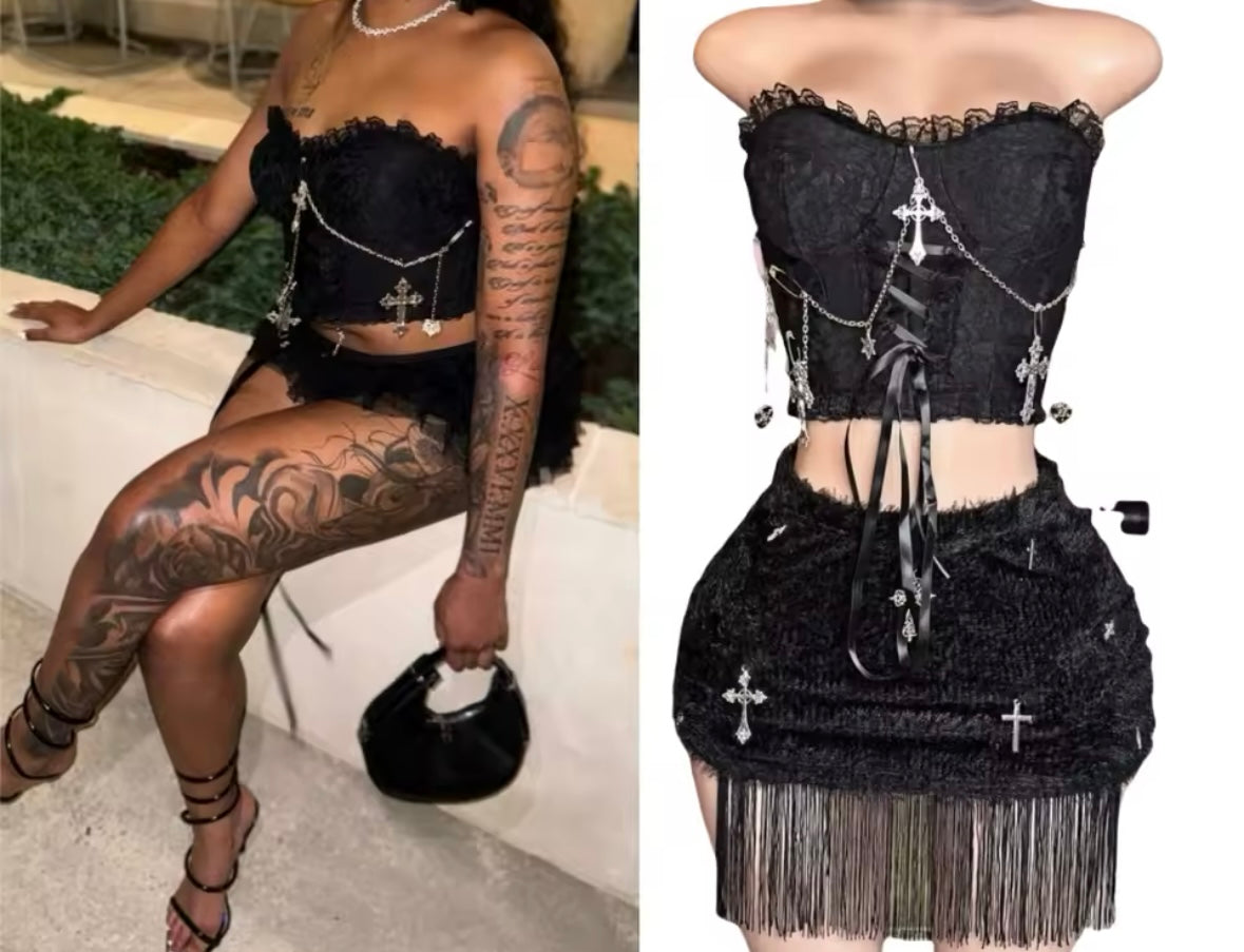 Women Sexy Strapless Cross Chain Lace Fringe Two Piece Skirt Set
