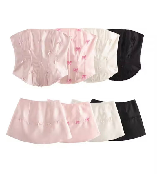 Women Sexy Strapless Bow Corset Two Piece Skirt Set