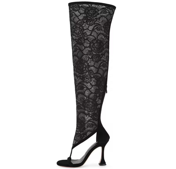 Women Black Open Toe Lace Fashion Knee High Boots