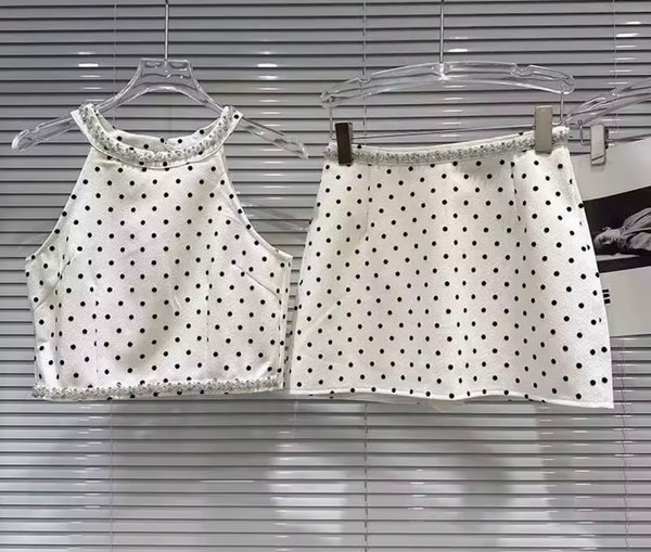 Women Sexy Rhinestone Halter Sleeveless Polka Dot Two Piece Skirt Set