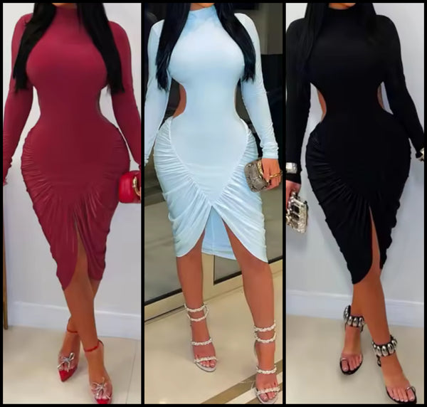 Women Sexy Full Sleeve Ruched Open Back Dress