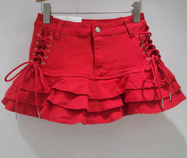 Women Fashion Color Tie Up Ruffled Denim Skirt