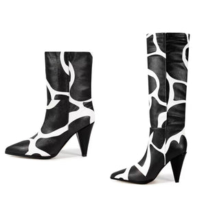 Women Fashion B&W Printed Faux Leather Ankle/Knee High Boots